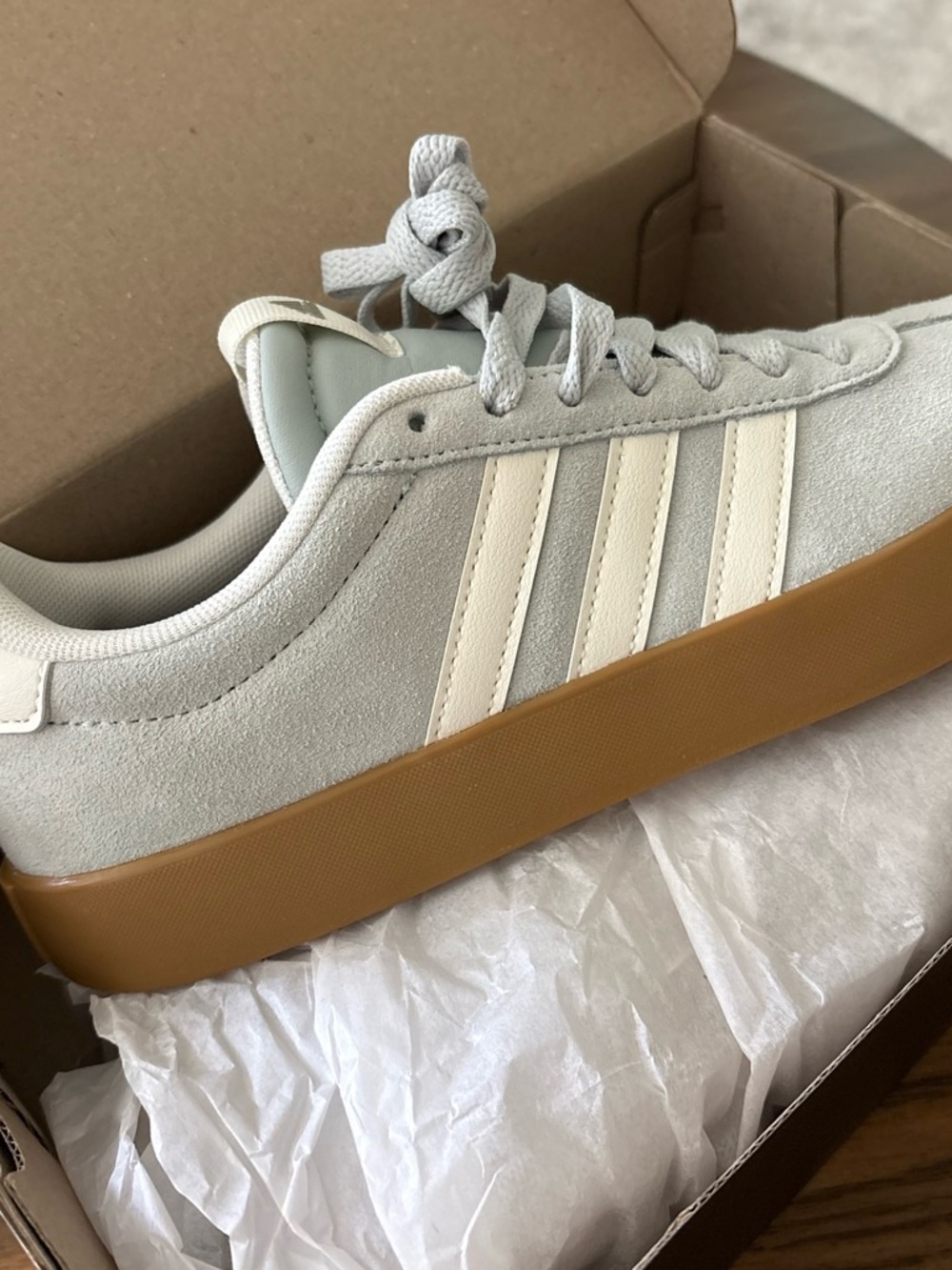adidas Women's Light blueish Gray Suede Sneakers with Cream Stripes and Gum Sole